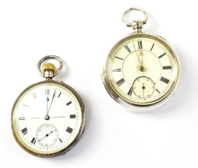 Two hallmarked silver open face pocket watches, both white enamelled dials set with Roman numerals and lower subsidiary seconds dials, one crown wind movement marked for 'Terry & Co, Manchester', the other key wind movement, unmarked (2).
