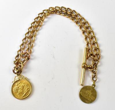 A 9ct yellow gold watch chain with T-bar and lobster clasp, a Victorian half sovereign 1898 fob, and a yellow metal Pope John Paul II medallion, combined approx 37.9g.