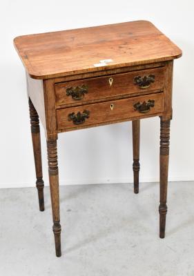 A small 19th century rosewood crossbanded side table, the rounded rectangular top above a pair of frieze drawers, with ivory escutcheons, raised on turned tapering supports, 75 x 51 x 35cm.