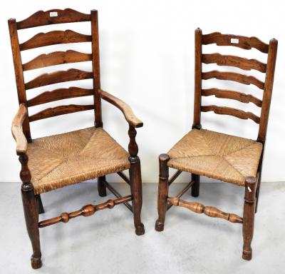A harlequin set of eight rush-seated ladder-back dining chairs (6+2) (8).