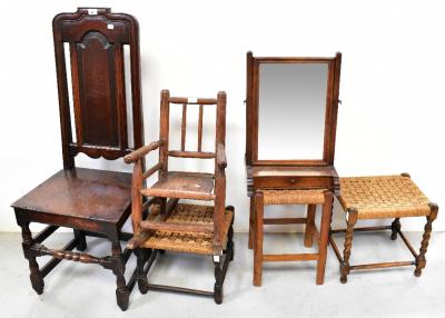 A Georgian oak side chair with solid panel back and seat, raised on turned and block stretchered supports, a rustic elm children's rocking chair, three various stools and an oak swing-framed toilet mirror with single drawer to the base (6).