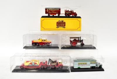 ATLAS EDITIONS COLLECTIONS; twenty-five scale model circus vehicles to include 'Harris's' AEC Mammoth and Load, a Scammell Contractor, 'Austen Brothers', Scammell Pioneer & Dodgem Trailer for T Whiteleg & Sons Ltd, etc, all in original boxes, some in original cellophane wrappers, also a small cased set of Classic Car Model Collection, with six diecast model vehicles.