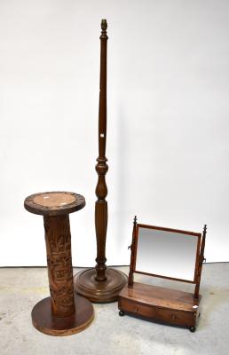 An early 19th century mahogany swing toilet mirror with two drawers to the faux fronted base, width 40cm, a standard lamp and a Japanese stand fashioned from bamboo (3).