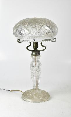 A cut glass mushroom lamp of typical form with chrome plated mount (chrome plating badly corroded), height 45cm.