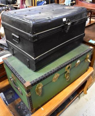 A vintage metal bound vinyl textured travel trunk and a further smaller dome topped example (2).