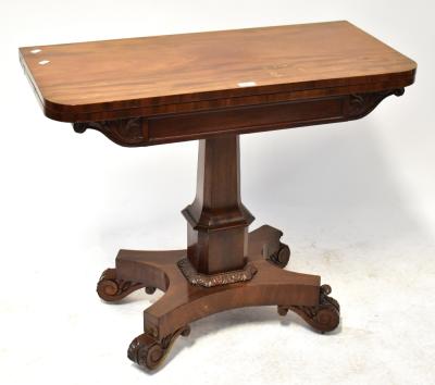 A Victorian mahogany fold-over tea/games table to column support and quadripartite base, to outswept scroll supports, when extended 76 x 92 x 90cm.