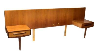 G PLAN; a teak Fresco headboard with bedside cabinets to each side, length 255cm.