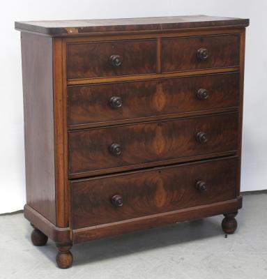 A Victorian mahogany rounded-corner chest of two-over-three drawers with knob handles, supported on turned onion feet, height approx 125cm.