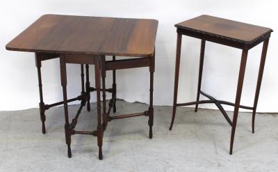 An early 20th century mahogany draw-leaf side/tea table on turned supports and cross-stretcher, length when extended 74cm and an Edwardian oak side table with rope edge to tapering outswept supports and cross-stretchers (2).