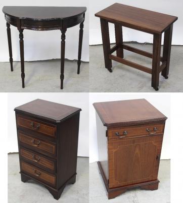 A reproduction mahogany cabinet (modified for wires to back), a reproduction mahogany inlaid four-drawer chest on shaped bracket support, a reproduction mahogany demi-lune hall table on four reeded supports and a small mahogany inlaid rectangular table on block supports and cross-stretcher (4).