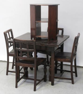 A dark stained oak draw-leaf table on square tapering legs with X-stretcher, width 91cm and a set of four 1930s dark stained beech trellis-back dining chairs (5).