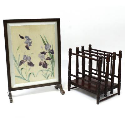 A late 19th century mahogany bobbin-turned Canterbury and an early/mid-20th century square-form mahogany fire screen, the material panel decorated with irises, height 70.5cm (2).
