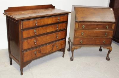 A mid-20th century mahogany bureau, fall-front with interior drawers and pigeonholes over three drawers to cabriole and paw supports and an early/mid-20th century mahogany four-drawer chest of drawers to bracket and turned supports, 96 x 102cm (2).