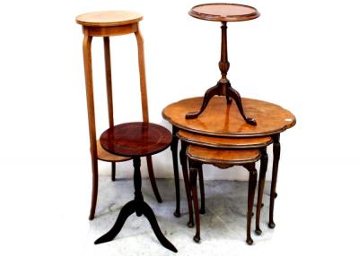 An early/mid-20th century nest of quarter-matched burr walnut tables on acanthus carved cabriole legs and a mahogany circular jardinière stand with shelf stretcher, height 102cm and two reproduction wine tables (4).