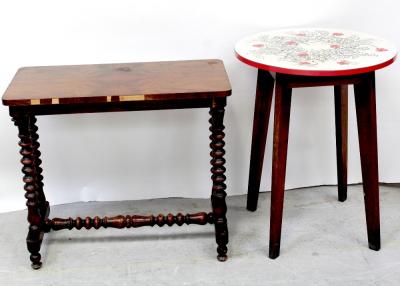 A Victorian walnut side table on bobbin turned twin pillar double supports and a circular topped melamine pub table on rectangular tapering legs, height 74cm (2).