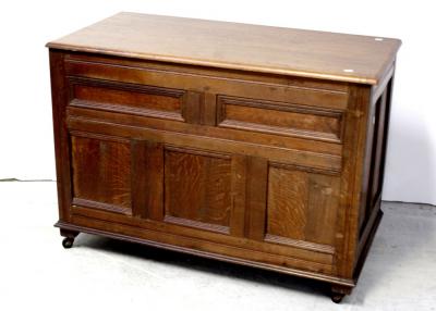A 19th century oak panel chest with strap hinges, width 112cm.
