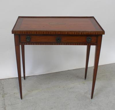 An Edward VII satinwood and marquetry tray-top side table with chevron inlaid gallery and lower frieze supported on square tapering legs, width 79cm.