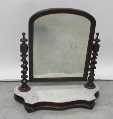 A 19th century dressing table swing mirror, wrythen supports to either side to marble base, on four decorative supports, 66 x 66cm.