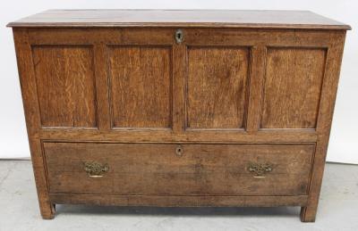 A 19th century oak panel mule chest with single drawer, width 121cm.
