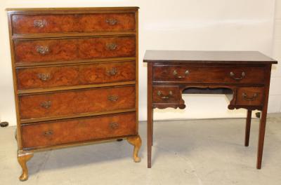 A walnut and burr walnut veneered five-drawer chest on cabriole legs, 114 x 85cm and a mahogany dressing table (2).