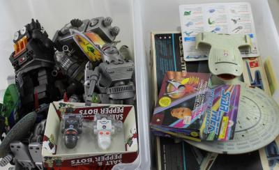A quantity of various sci-fi and other robotic figures, some battery operated, a Playmates boxed collectors edition Star Trek The Next Generation personal communicator collectors edition no.393007, a Matchbox boxed Star Trek The USS Enterprise model (2).