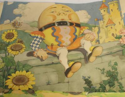 An early 20th century scratch-built wooden fort, a vintage straw-filled dog, a quantity of nursery rhyme posters to include Humpty Dumpty, a small quantity of ceramic dolls and dolls' house furniture.