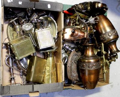 A quantity of mixed metalware to include an early 20th century Oriental style copper teapot, a silver-plated tray and a pair of plated candlesticks, two brass tea caddies and a brass cigarette box etc (2).