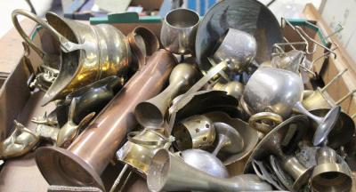 A quantity of brass, copper and other metalware to include a cloisonné style bowl, wine goblets, large Arts & Crafts style copper vase, a miniature coal scuttle and a quantity of brass animal ornaments, ashtrays etc.