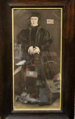 After Hans Holbein; a 19th century monolithograph depicting a portrait of Christina of Denmark, Duchess of Milan, framed and glazed, in oak frame, 55 x 25cm.