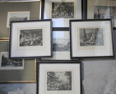 Eight various colour and black and white engravings, all framed and glazed and a late 19th/early 20th century Japanese blue and white scallop edged charger, diameter 31cm (9).