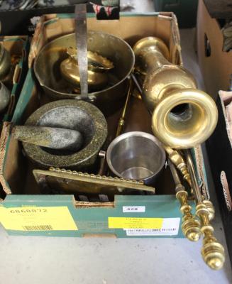 A brass fireside companion set, a large Indian brass floral baluster vase, a brass jam pan, an Indian brass plantpot holder, a composite stoneware pestle and mortar etc.