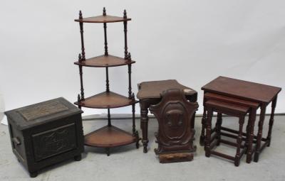 A Victorian mahogany shield-back hall chair (af), a modern oak nest of three graduated coffee tables and a carved oak storage box (3).