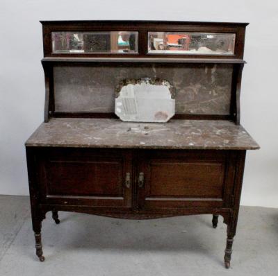 A Victorian rouge marble top wash stand, rectangular mirror above single shelf to marble top over two cupboard doors to turned supports, 135 x 118cm and a small florally decorated wall mirror (2).